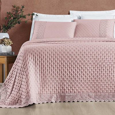 Kit Cobre Leito Colcha Nobre Casal King 3 Peças Micropercal 200 Fios Matelado - Sal Rosa