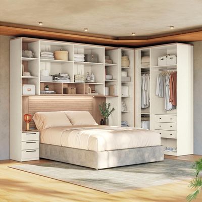 Guarda-roupa Modulado Canto Reto 166 Toledo 10 Portas e 9 Gavetas Casal 7 peças 354,6 cm largura Areia com Wood