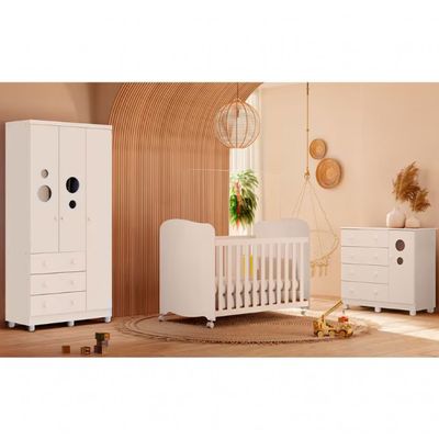 Guarda-Roupa Infantil Peroba Móveis Duda 3 Portas, 3 Gavetas + Cômoda Duda Plus 5 Gavetas + Berço Americano Duda com Suporte Mosqueteiro Branco