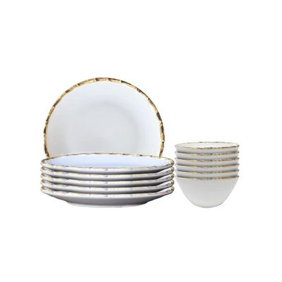 Jogo 6 Pratos Rasos E 6 Bowls 500ml Borda Bambu Cerâmica 1ªlinha Scalla