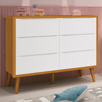 Cômoda Infantil Theo 6 Gavetas Branco/savana Com Pés Amadeirado - Reller Móveis Branco/savana