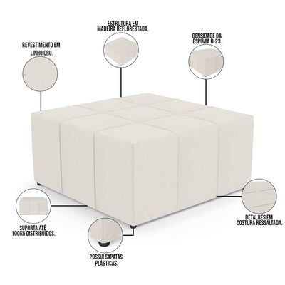 Puff Quadrado Milano 90x90cm W01 Linho Cru