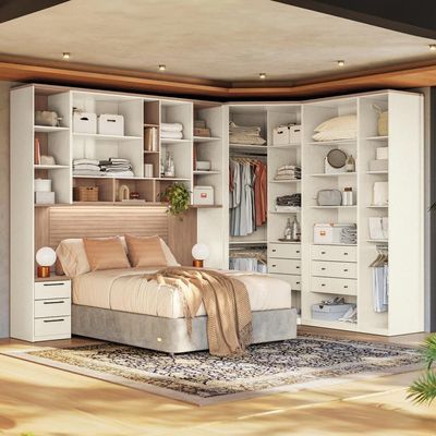 Guarda-roupa Modulado 146 Toledo 10 Portas e 12 Gavetas Casal com Closet 7 peças 344,5 cm largura Areia com Wood