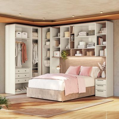 Guarda-roupa Modulado Canto Reto 166 Toledo 9 Portas e 9 Gavetas Casal 7 peças 176,6 cm largura Areia com Wood