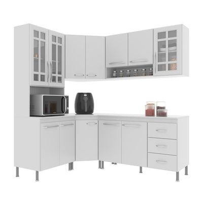 Cozinha Modulada Completa Fidelitá Viena 5 Peças 340cm 12 Portas 3 Gavetas Com Tampo Branco