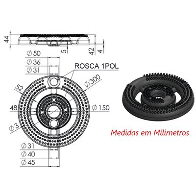 Queimador Alta Pressão Coroa de Fogão Furado Duplo 30cm