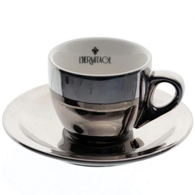Conjunto com 6 Xícaras e Pires para Café L Hermitage Chrominno em New Bone China 80 ml Prata
