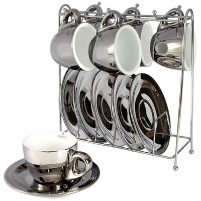 Conjunto com 6 Xícaras e Pires para Café L Hermitage Chrominno em New Bone China 80 ml Prata