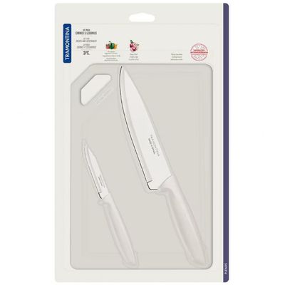 Conjunto de Facas e Tábua de Corte Tramontina Plenus em Aço Inoxidável - 3 Peças Off White
