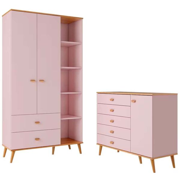 Guarda Roupa Infantil Ternura com 5 Nichos, 2 Portas, 2 Gavetas Bartira Rosa Wood