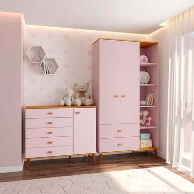 Guarda Roupa Infantil Ternura com 5 Nichos, 2 Portas, 2 Gavetas Bartira Rosa Wood