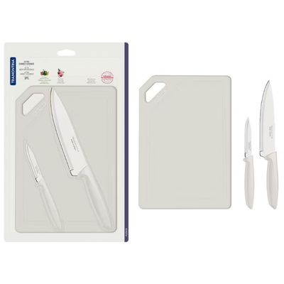 Conjunto de Facas e Tábua de Corte Tramontina Plenus em Aço Inoxidável - 3 Peças Off White