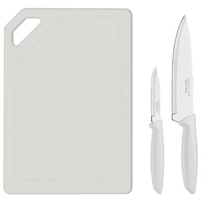 Conjunto de Facas e Tábua de Corte Tramontina Plenus em Aço Inoxidável - 3 Peças Off White