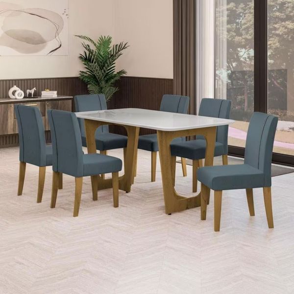 Mesa de Jantar Dobuê Áustria 160x90 com Tampo em MDF com Vidro e 6 Cadeiras Estofadas Carvalho/Branco Off White/Grafite