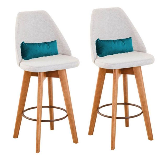 Kit 02 Banquetas Alta Maya Giratória Com Encosto Linho Bege Claro e Almofada Suede Azul Turquesa - Aurora Line