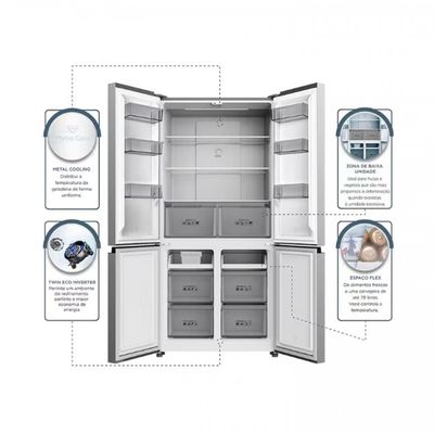 Geladeira TCL Multidoor C589CDN1 Frost Free, Twin Eco Inverter, Multi-zone, Painel Digital com 4 Portas - 589L Inox / 110V