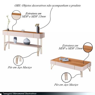 Conjunto Decorativo Aparador e Mesa de Centro Rennes MDP/MDF Pés de Aço Off White/Cinamomo G26 - Gran Belo