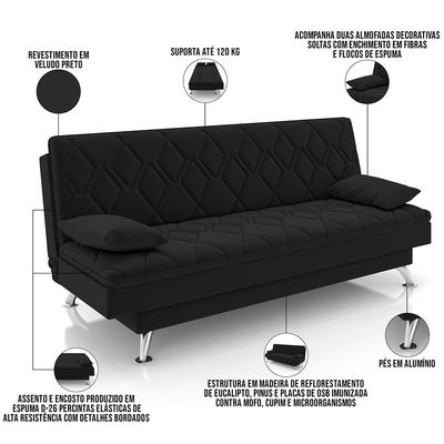 Sofá Cama para Sala de Estar Quarto 193cm Lia M03 Veludo Preto - Lyam Decor