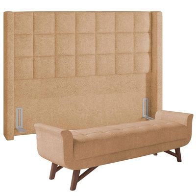 Kit Cabeceira Cama Box Paris 160 cm com Puff Recamier Itália P05 Bouclê Mostarda - Lyam Decor