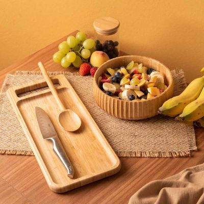 Tabua de Bambu Petisqueira Bandeja Retangular Alça 30cm