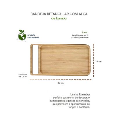 Tabua de Bambu Petisqueira Bandeja Retangular Alça 30cm