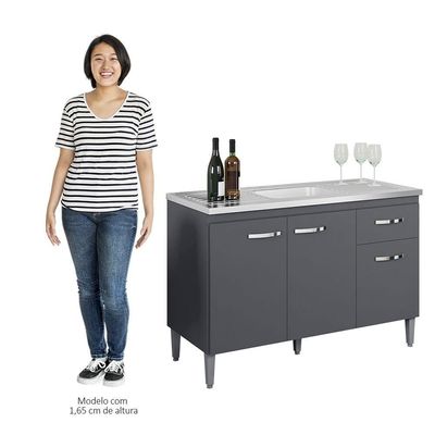 Balcão Gabinete Com Pia Inox 120cm 3 Portas E 1 Gaveta Gabriela Cinza - Ajl Móveis