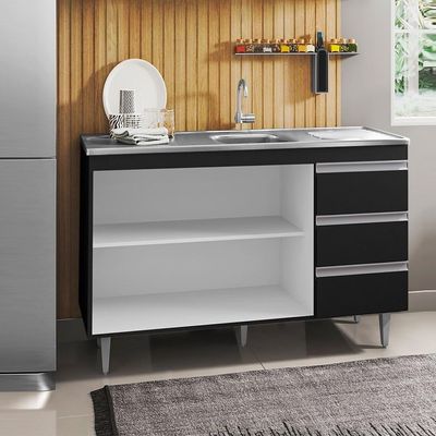 Balcão Com Pia Inox 120cm 2 Portas 3 Gavetas Preto Total