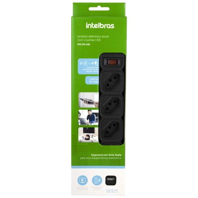 Filtro De Linha Protetor Eletronico Regua Extensão Eletrica EPE 204 USB Intelbras 4 Tomadas 2 Usb Preto