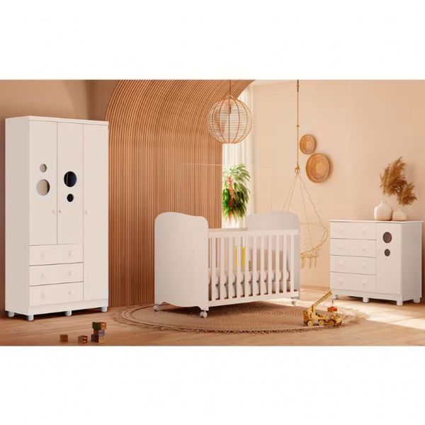 Guarda-Roupa Infantil Peroba Móveis Duda com 3 Portas, 3 Gavetas + Cômoda Duda Plus 5 Gavetas + Berço Americano Duda com Suporte Mosqueteiro Branco