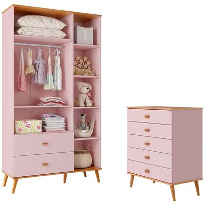 Guarda Roupa Infantil Ternura com 5 Nichos, 2 Portas, 2 Gavetas Bartira Rosa Wood