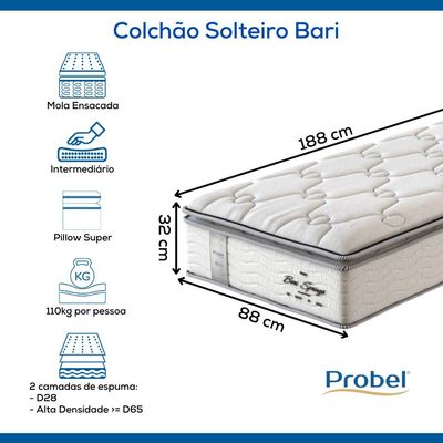 Colchão Solteiro Mola Ensacada Probel Bari (88x188x32cm)