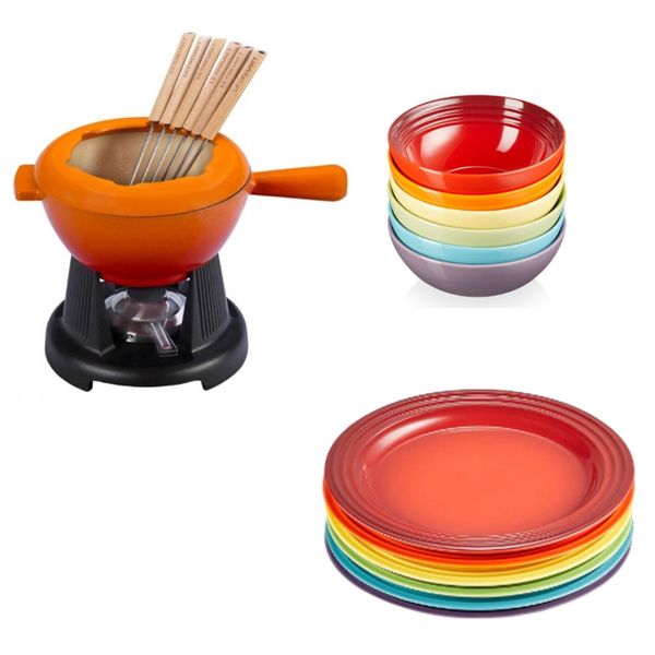 KIT LE CREUSET FONDUE LARANJA, SET 6 BOWLS E SET 6 PRATOS GIFT COLLECTION