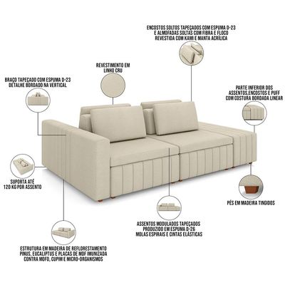Sofá Ilha com Puff para Sala Living 285cm Amber M03 Linho Cru - Lyam Decor