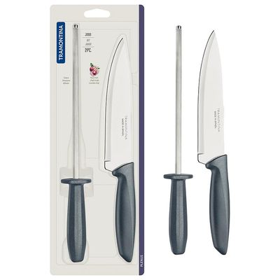 Conjunto Faca Chef e Chaira Tramontina Plenus - 2 Peças Cinza com inox