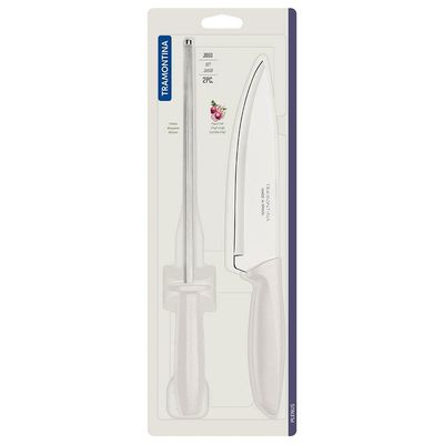 Conjunto Faca Chef e Chaira Tramontina Plenus - 2 Peças Off White