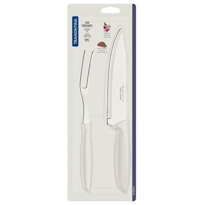 Conjunto Faca Chef e Garfo Trinchante Tramontina Plenus - 2 Peças Off White