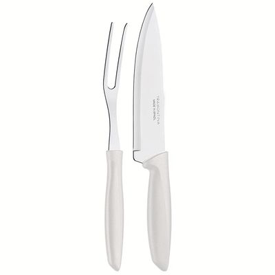 Conjunto Faca Chef e Garfo Trinchante Tramontina Plenus - 2 Peças Off White