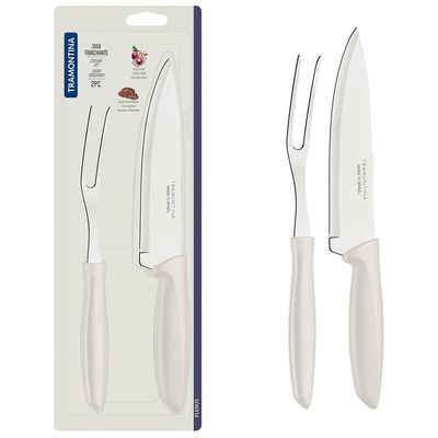 Conjunto Faca Chef e Garfo Trinchante Tramontina Plenus - 2 Peças Off White