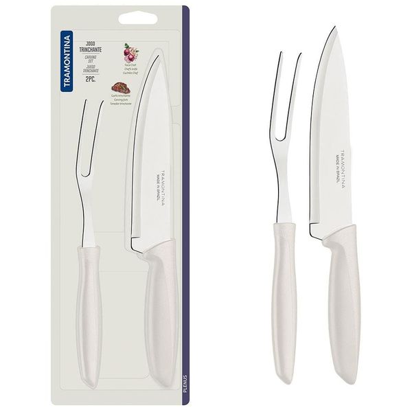 Conjunto Faca Chef e Garfo Trinchante Tramontina Plenus - 2 Peças Off White