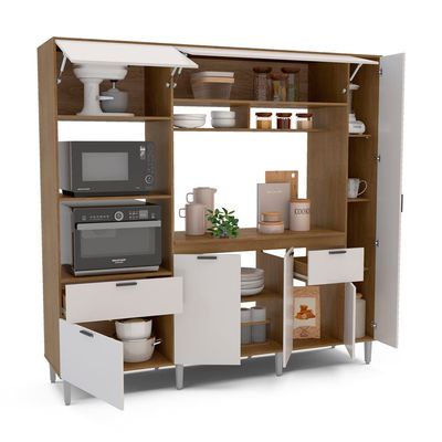 Cozinha Compacta Politorno Mov Lyon MDP com 7 Portas, 2 Gavetas e 1 Prateleira 217 cm de largura Freijó com Off White