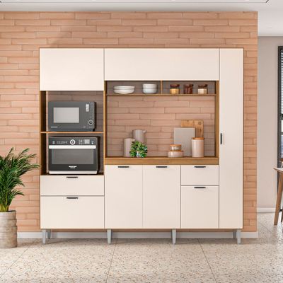 Cozinha Compacta Politorno Mov Lyon MDP com 7 Portas, 2 Gavetas e 1 Prateleira 217 cm de largura Freijó com Off White