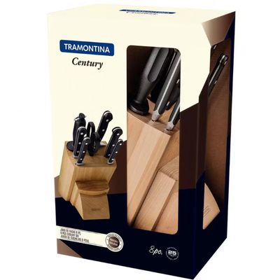 Conjunto de Facas Tramontina Century com Cepo de Madeira - 8 Peças Preto com Inox