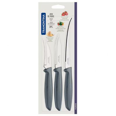 Conjunto de Facas Tramontina Plenus em Aço Inox e Polipropileno - 3 Peças Cinza