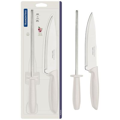 Conjunto Faca Chef e Chaira Tramontina Plenus - 2 Peças Off White