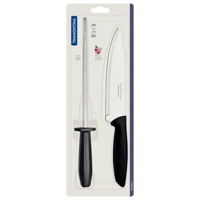 Conjunto Faca Chef e Chaira Tramontina Plenus - 2 Peças Preto com Inox