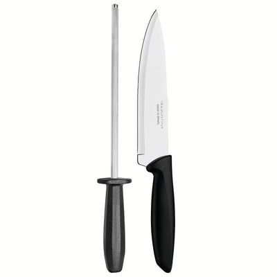 Conjunto Faca Chef e Chaira Tramontina Plenus - 2 Peças Preto com Inox