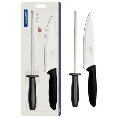 Conjunto Faca Chef e Chaira Tramontina Plenus - 2 Peças Preto com Inox
