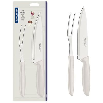 Conjunto Faca Chef e Garfo Trinchante Tramontina Plenus - 2 Peças Off White