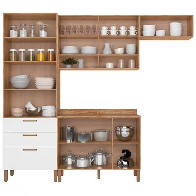 Cozinha Compacta Bartira Veneza com 7 Portas 3 Gavetas e 5 Prateleiras Damasco/Branco Fosco
