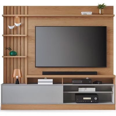 Painel Home Colibri Maceió com 4 Prateleiras, 4 Nichos, para TVs até 65 Freijó/Cinza Fosco